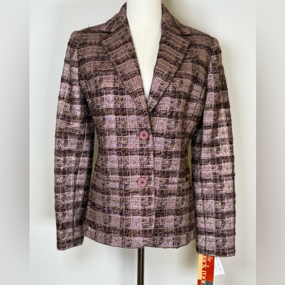 Votre Nom Wool Blend Plaid Tweed Blazer Plum Pink Sparkle Women’s Size 6 - Picture 1 of 15